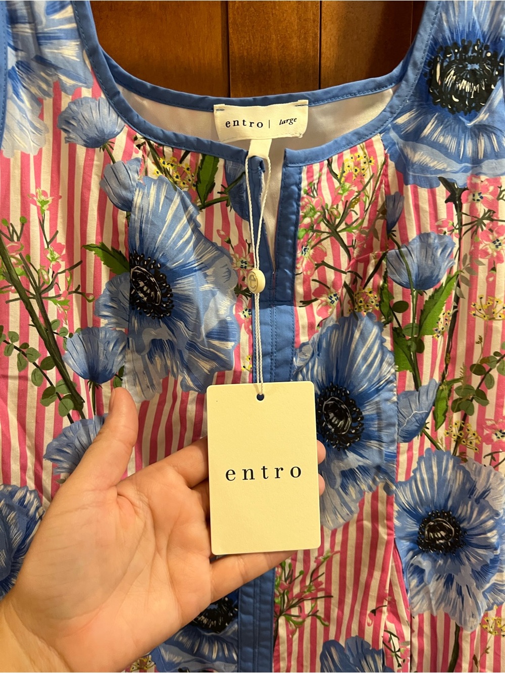 entro Pink-White Striped Midi Dress with Blue Floral Print - Picture 5 of 10